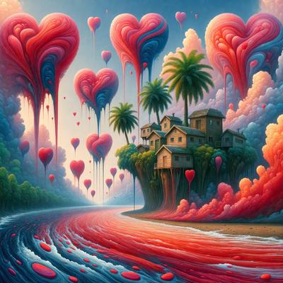 The primary subject of the image is a house situated on a hill, surrounded by a beautiful beach scene. The house is surrounded by a variety of hearts, which adds a playful and whimsical touch to the scene. The setting is a beach with a body of water, and the visual style is a combination of digital art and illustration. The colors and mood of the image are predominantly warm and inviting, with the red hearts and the beach scene creating a sense of joy and relaxation.